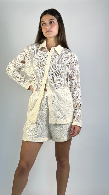 Lace Long Sleeve Button Down Top & Shorts Set