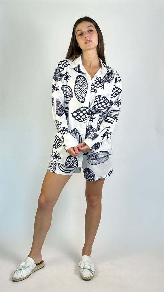 Fruity Print Long Sleeve Top & Shorts Set