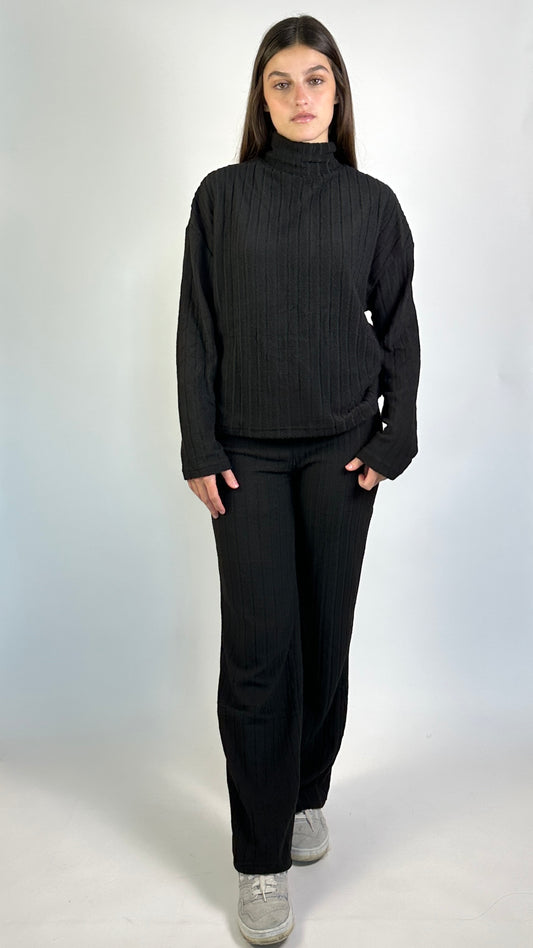 Ribbed Turtleneck Top & Wide Leg Pants Set