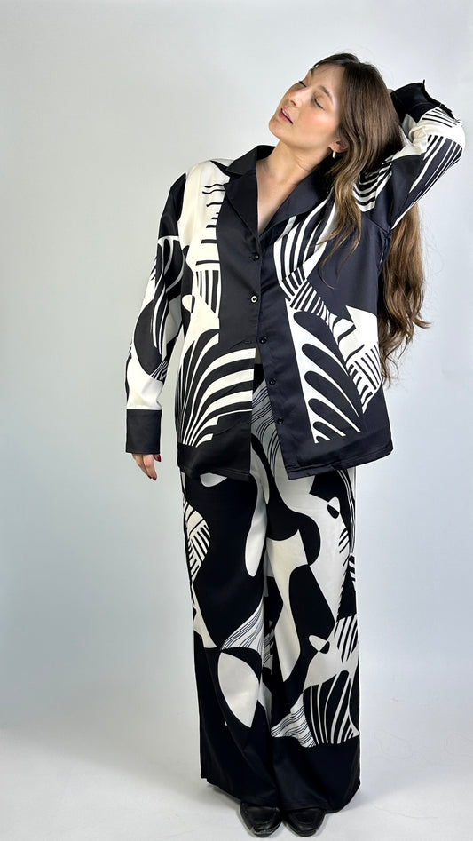 Abstract Print Loose Long Sleeve Top and Pants Set