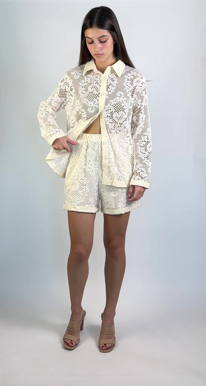 Lace Long Sleeve Button Down Top & Shorts Set