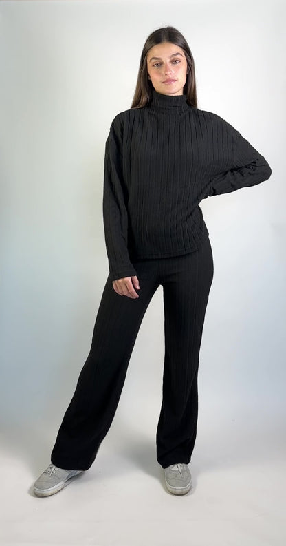 Ribbed Turtleneck Top & Wide Leg Pants Set